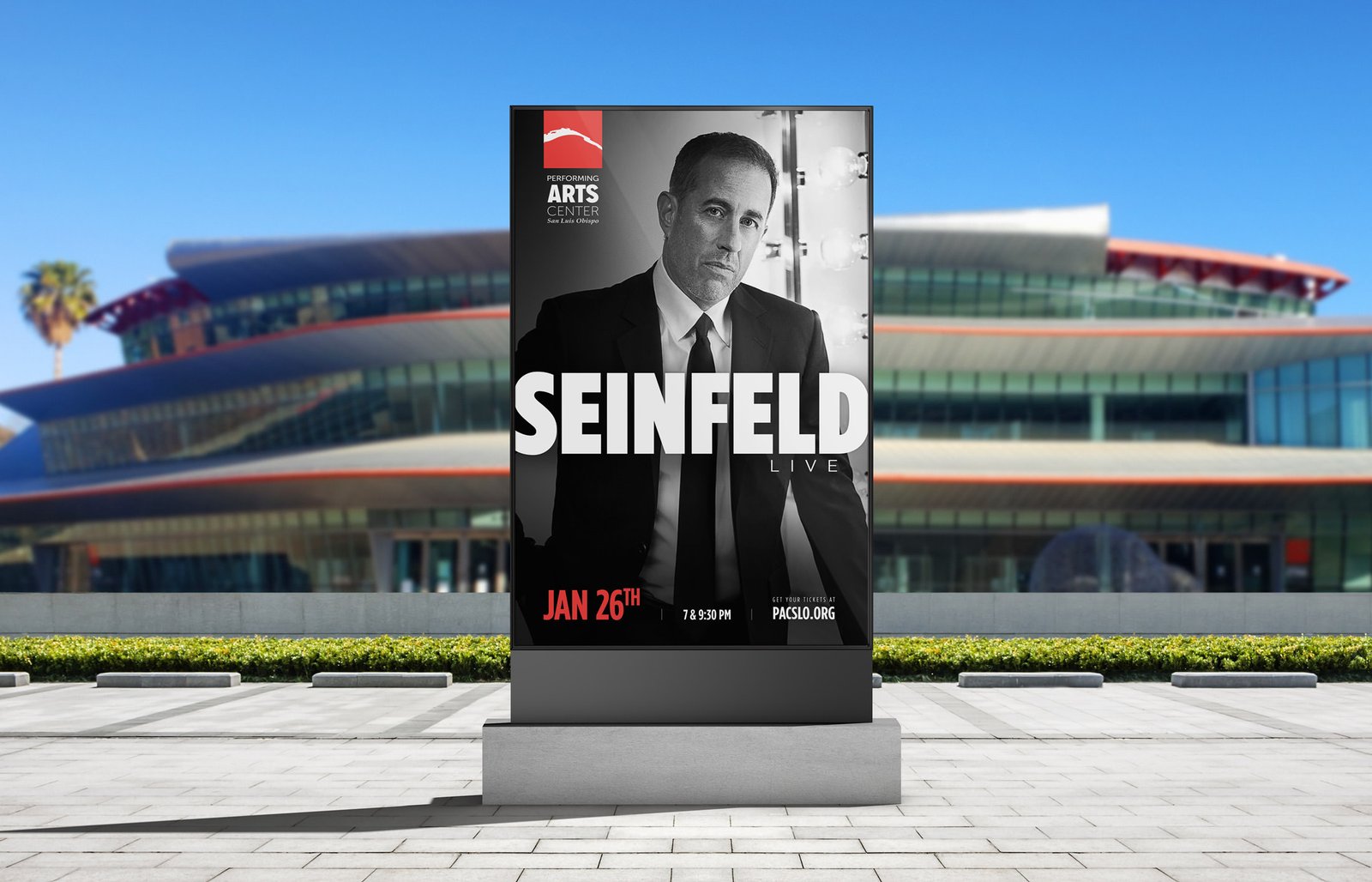 Performing Arts Center San Luis Obispo billboard design Jerry Seinfeld Live