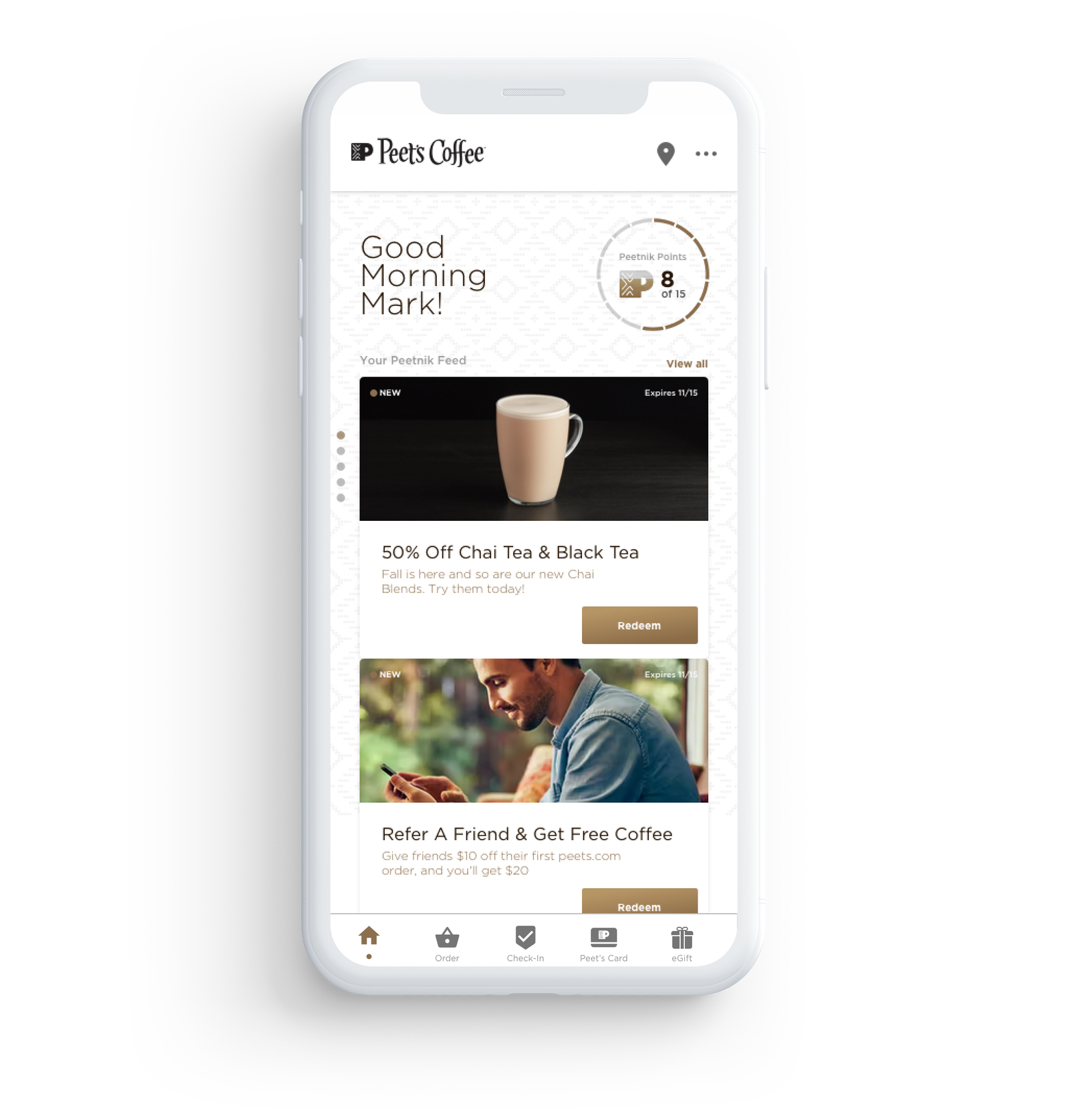 Peet's Coffee Mobile App User Interface Design - Dashboard