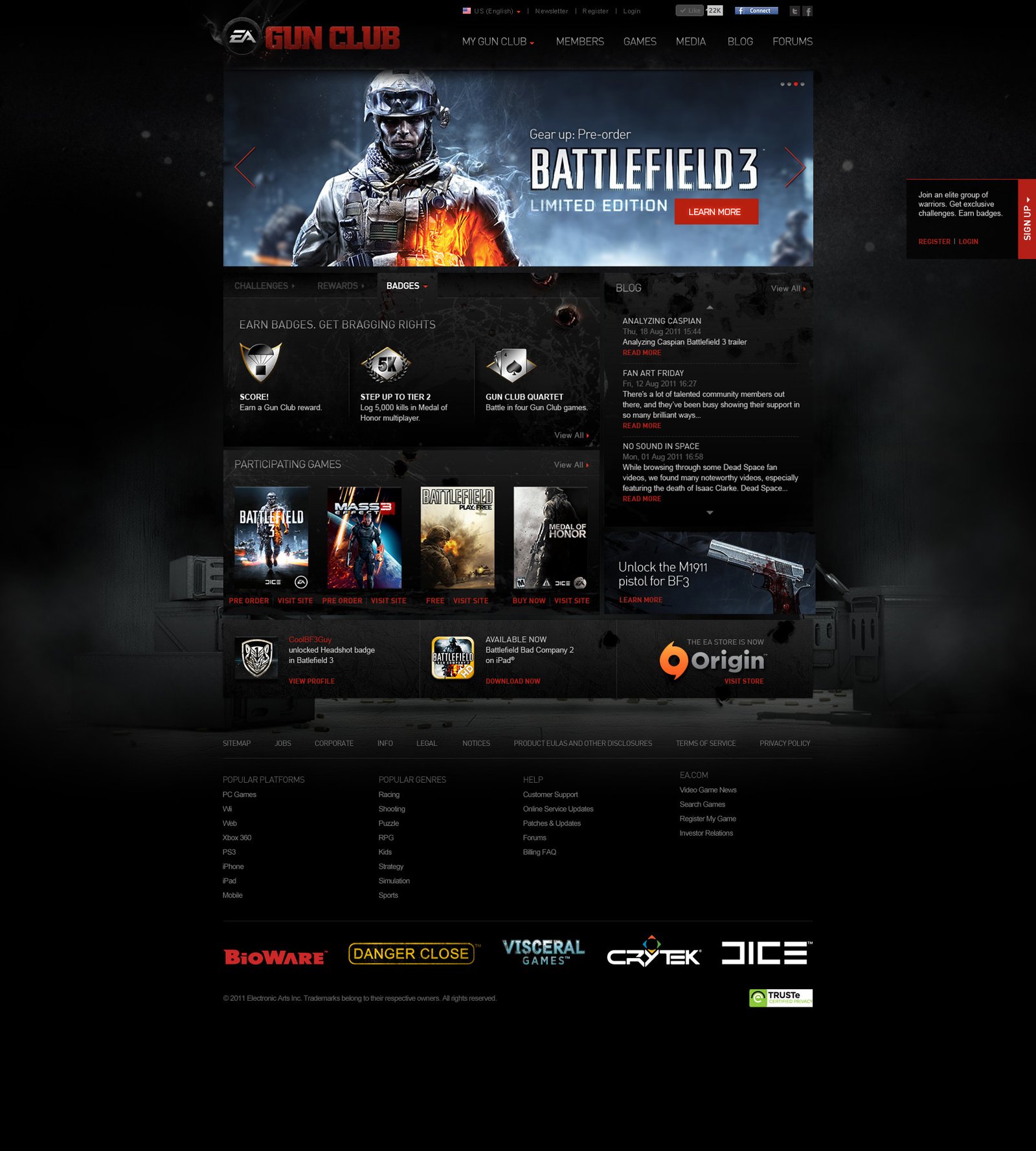 Electronic Arts Gun Club website design homepage