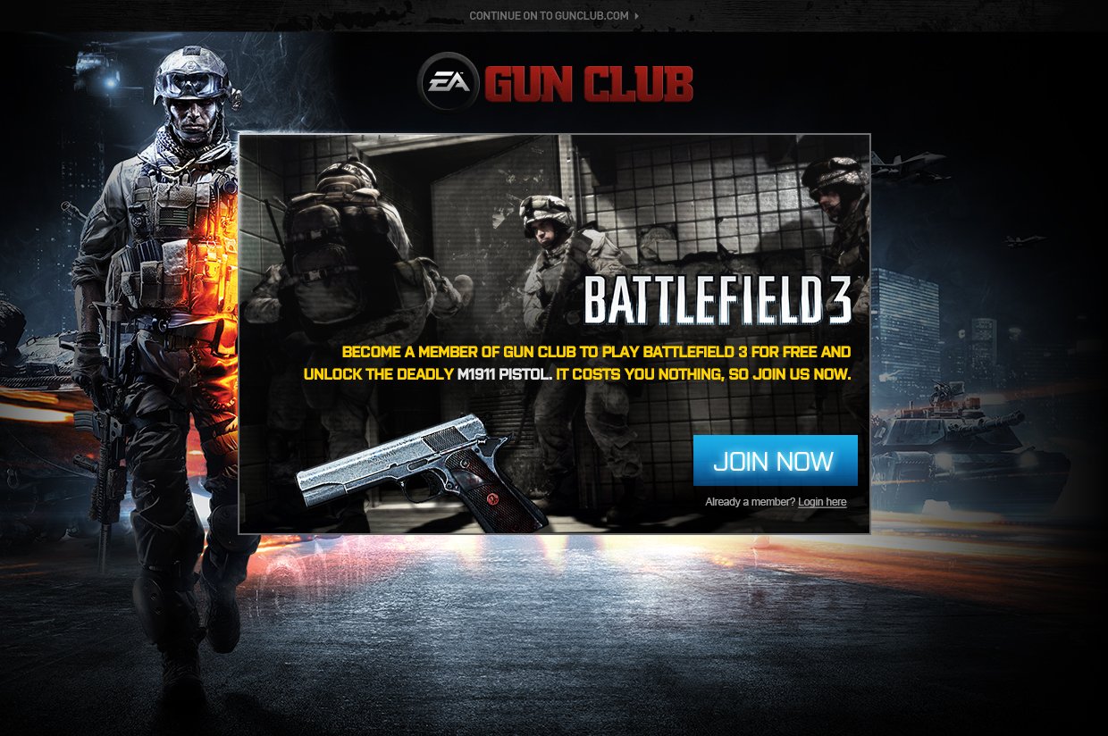 Electronic Arts Gun Club Registration Flow BattleField 3 User Interface and User Experience Join Now