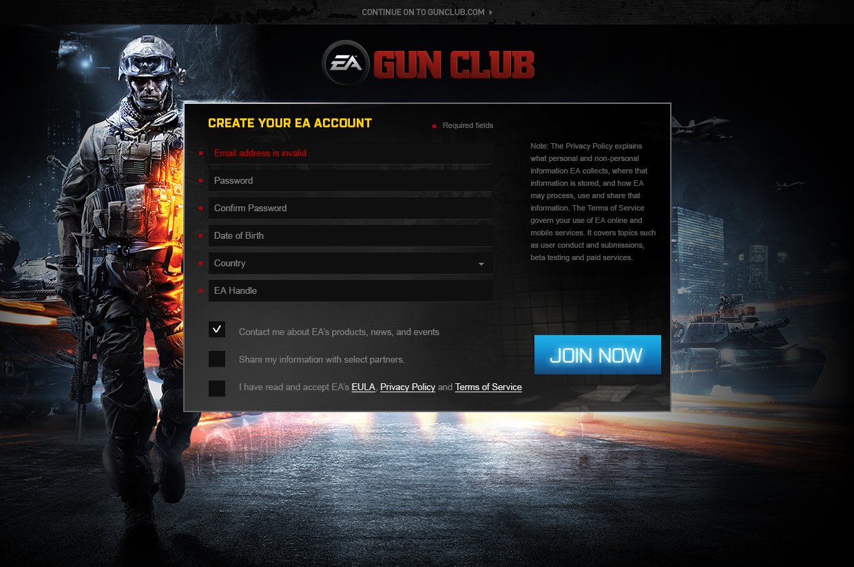 Electronic Arts Gun Club Registration Flow BattleField 3 User Interface and User Experience Create Account